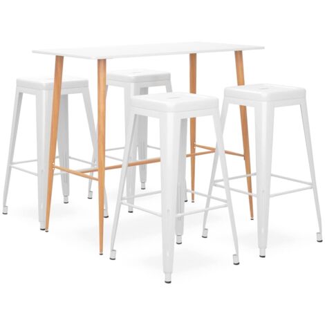 Ensemble Table + 4 Tabourets de bar  Table haute et bar Blanc 13394