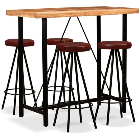 Ensemble Table + 4 Tabourets de bar  Table haute et bar Bois d'acacia massif et cuir véritable 13966