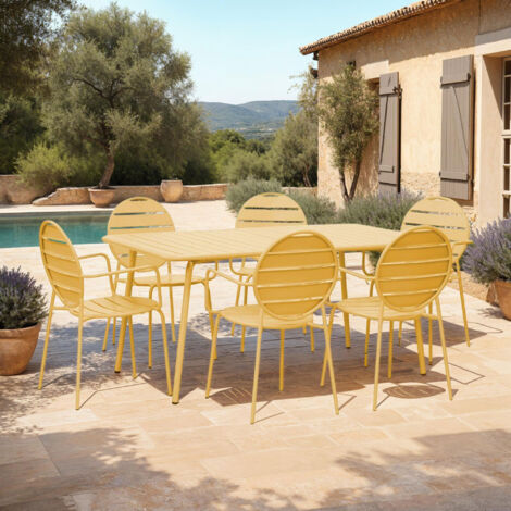 Ensemble table + 6 fauteuils ronds en métal moutarde - BACA