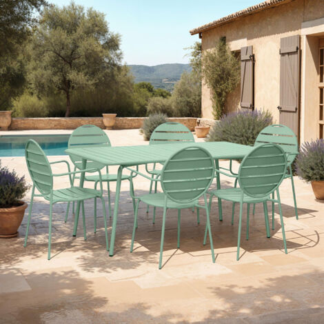 Ensemble table + 6 fauteuils ronds en métal vert - BACA