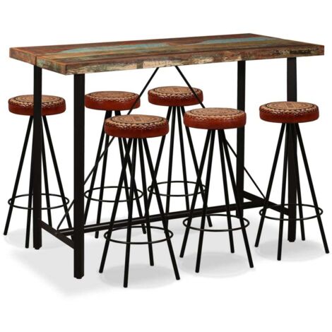 Ensemble Table + 6 Tabourets de bar  Table haute et bar Bois de récupération Cuir véritable et toile 14135