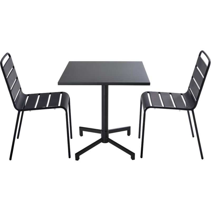 Oviala - Ensemble table 70 cm et 2 chaises de jardin en métal noir - Palavas