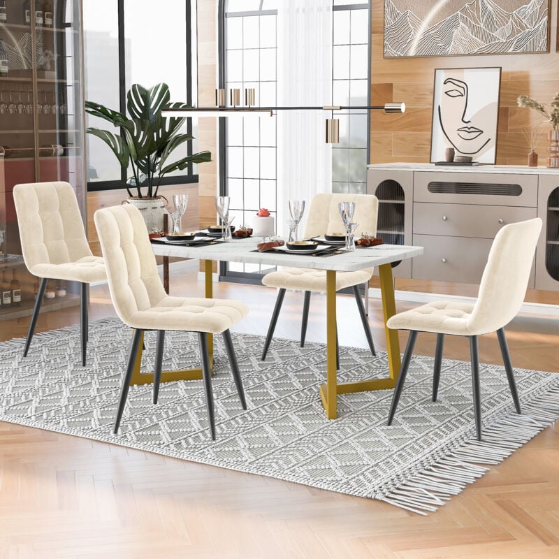 Ensemble table à manger 117 x 68 x 75 cm avec 4 chaises, chaise de cuisine en velours, (beige, pieds de table dorés)