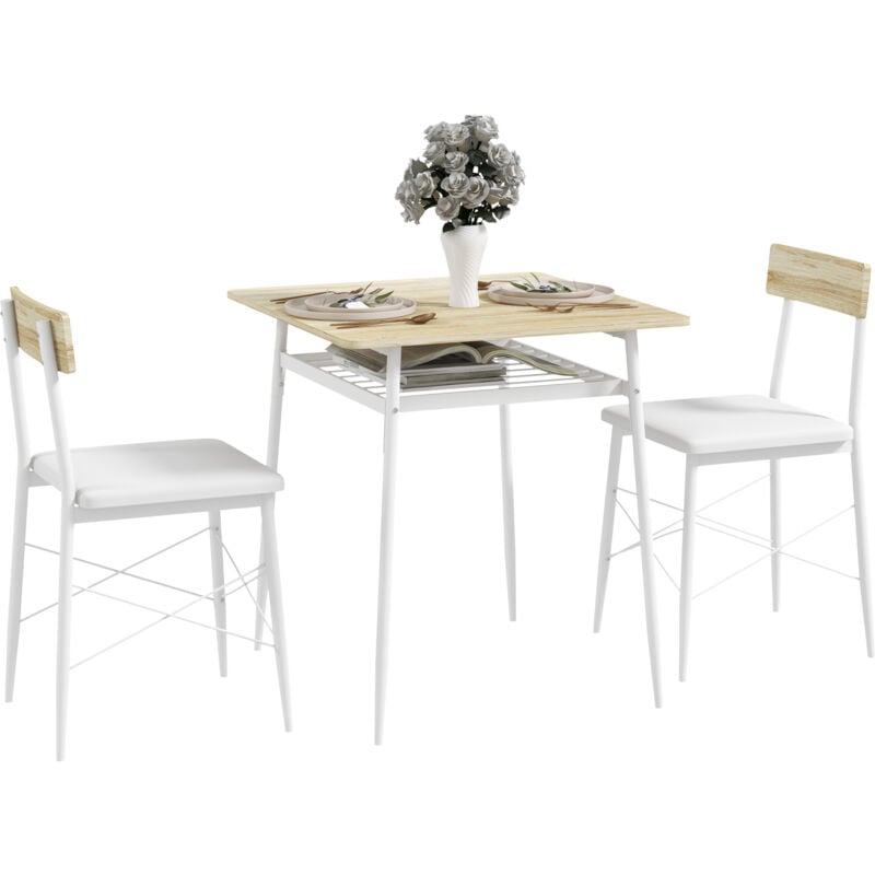 Ensemble table à manger 2 chaises style contemporain cosy - étagère - acier pu blanc aspect bois clair