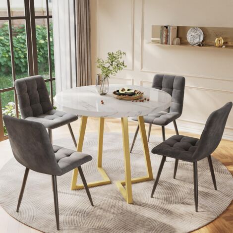 Ensemble table à manger 5 pièces, Ensemble table et chaises avec 4 chaises, 1 table de cuisine ronde, structure en métal, plateau en MDF, velours, Doré