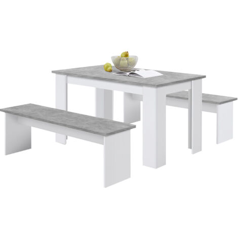 Ensemble table à manger avec 2 bancs gris béton et blanc