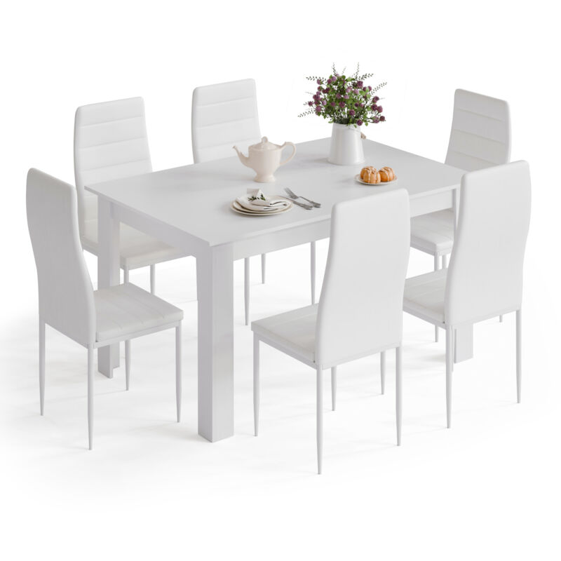 Ensemble table et chaises avec 6 chaises table à manger bois massif pour salle à manger cuisine, Blanc Mondeer