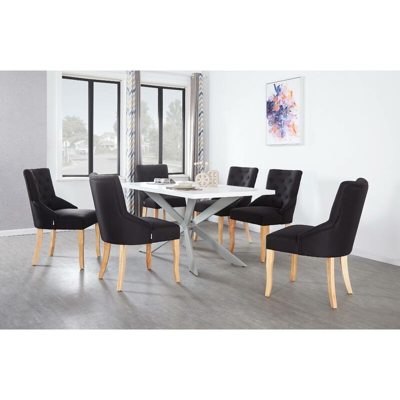 Ensemble Table à Manger Blanche + 6 Chaises Capitonnées en Tissu Noir - Style Design - Noir