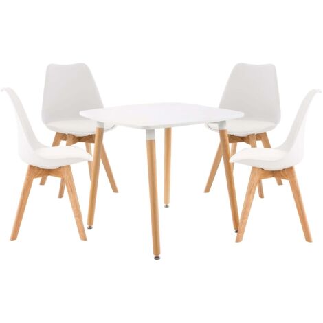 Ensemble table à manger cuisine nordique avec 4 chaises angles arrondis coque en plastique et PVC blanc plateau MDF et bois de pin 100008609