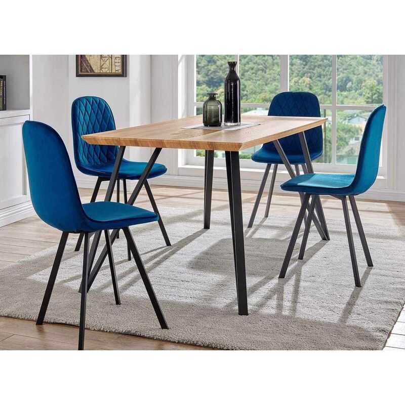 Ensemble table à manger en bois + 4 chaises en velours bleu KEVAN