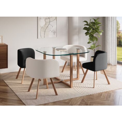 Ensemble table à manger en verre + 4 chaises noires et blanches