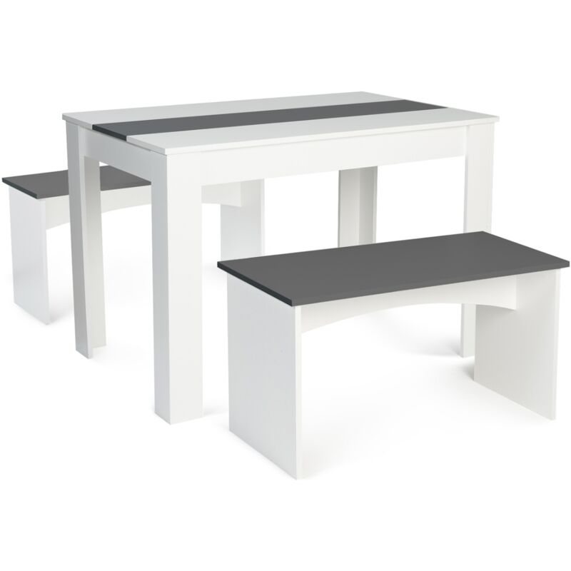 Ensemble table à manger et 2 bancs rozy 4 personnes blanc et gris 110 cm