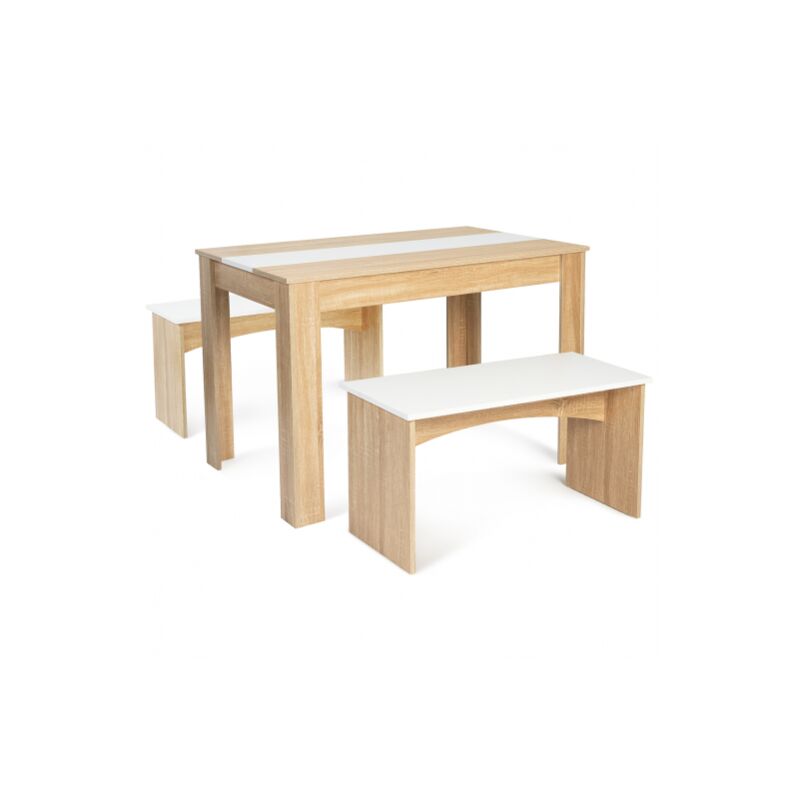Ensemble table à manger 110 cm et 2 bancs ROZY 4 personnes hêtre et blanc - Blanc