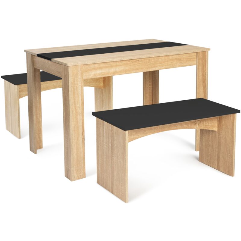 Ensemble table à manger et 2 bancs rozy 4 personnes façon hêtre et noir 110 cm