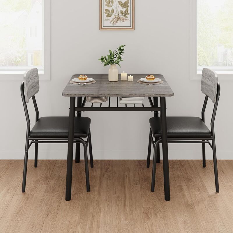 Ensemble Table à Manger et 2 Chaise - 2 Personnes, Industriel, Structure en Métal pour Restaurant, Cuisine, gris