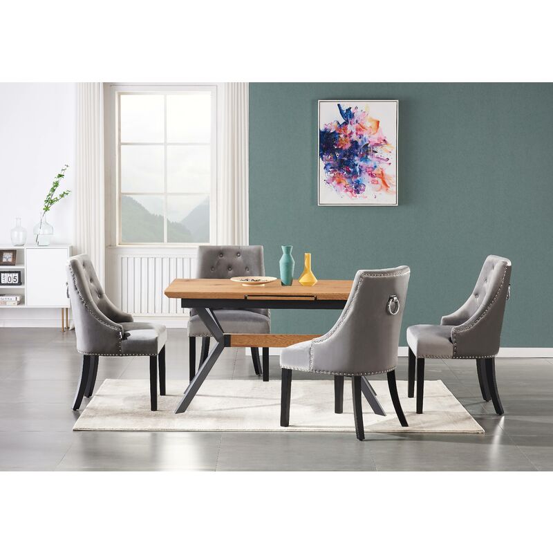 Ensemble Table à Manger Extensible + 4 Chaises en Velours - Coloris Chêne & Gris Foncé - Ensemble Salle à Manger Design & Moderne - Gris Foncé