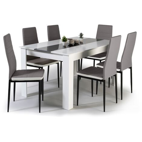 Ensemble table à manger GEORGIA 140 cm blanche et grise et 6 chaises ROMANE grises liseré blanc - Multicolore