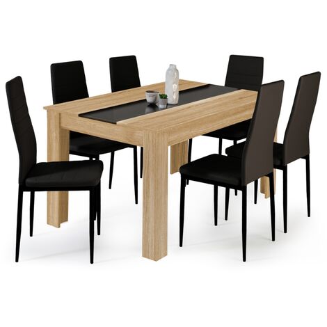 Ensemble table à manger GEORGIA 140 cm imitation hêtre et noire et 6 chaises ROMANE noires