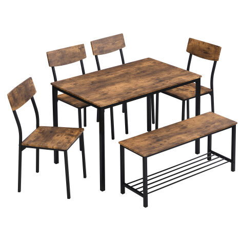 Ensemble table à manger industriel 6 places avec chaises et banc, structure en acier, plateau effet bois, pour cuisine ou salle à manger – Bois + Noir