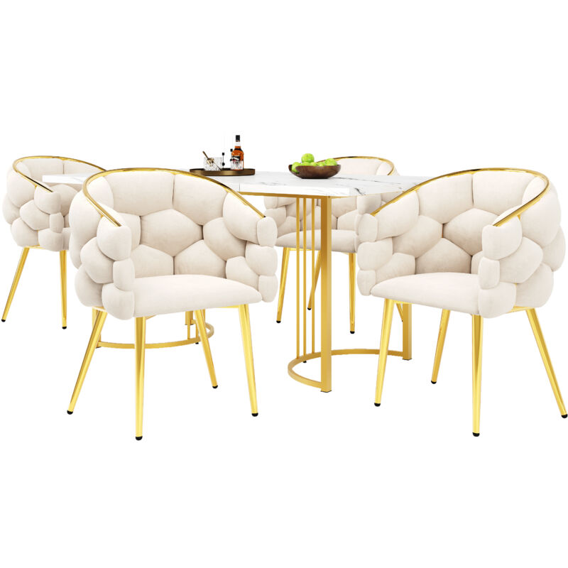 Ensemble Table à Manger Mdf Métal Doré 140×80 Cm Marbre Avec 4 Chaises ,or