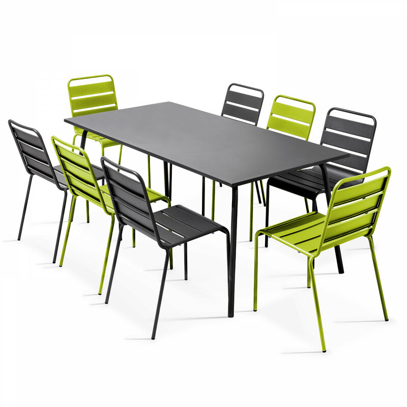 Oviala - Ensemble table de jardin et 8 chaises en métal gris et vert - Palavas - Vert