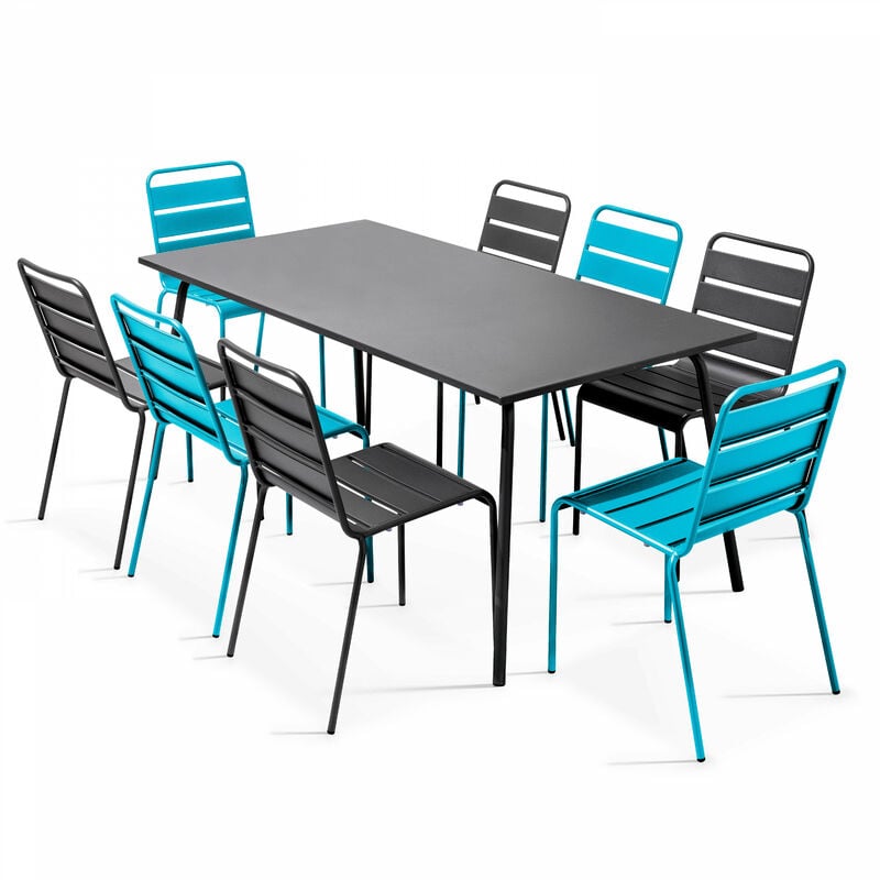 Ensemble table de jardin et 8 chaises en métal gris et bleu - Palavas - Bleu
