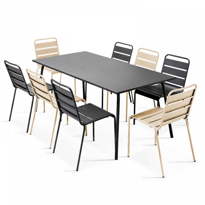 Ensemble table de jardin et 8 chaises en métal gris et ivoire - Palavas