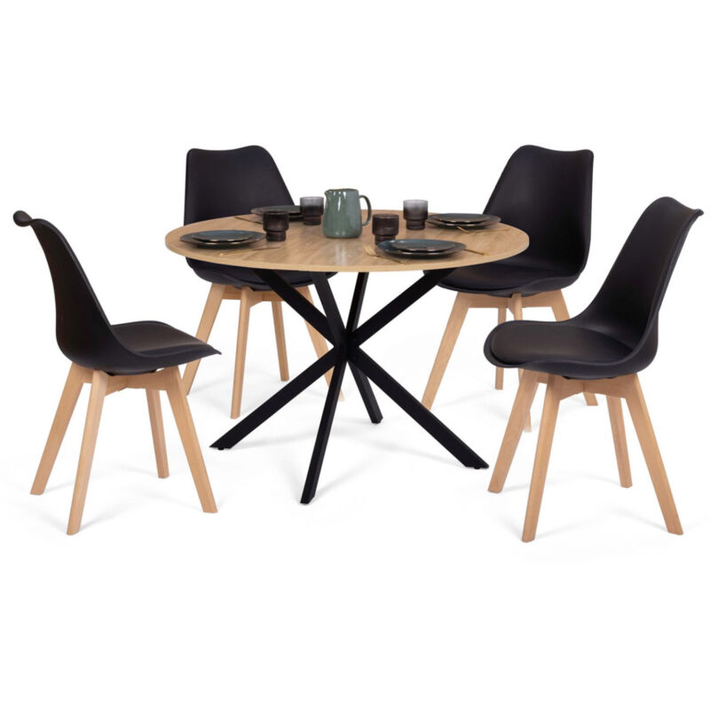 Idmarket – Ensemble table à manger ronde 110 cm bois noir – 4 chaises SARA noires – Design moderne et convivial – Idéal pour salle à manger