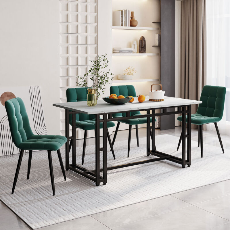 Hauss Spole - Ensemble table et chaises - 1pcs table à manger+4 chaises - velours - pieds en fer noir, 140 x 80 cm, vert foncé