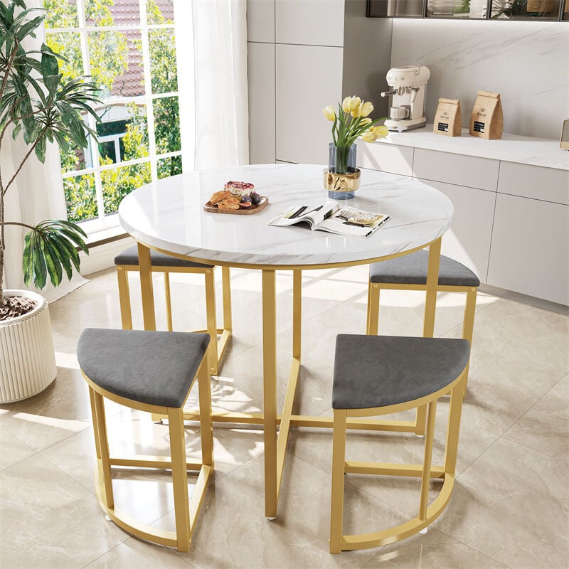 Ensemble table avec 4 chaises, plateau ronde en MDF, cadre en fer plaqué or, chaise en velours, D80x75cm+D33x46cm, gris