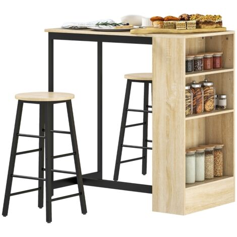 Ensemble table bar 3 pièces avec rangement 2 tabourets acier chêne moderne