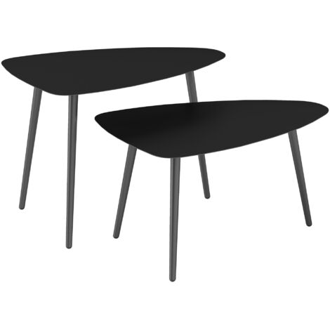 Ensemble table basse 2 pers., balcon acier pare-temps, table d'appoint motif géométrique noir.