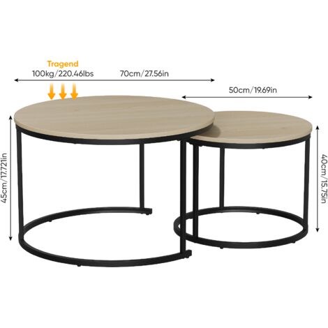 Ensemble table basse 2 pièces entrelacées chêne,plateau rond Ø70 cm cadre métallique. Adaptée au salon,chambre et balcon intérieur.
