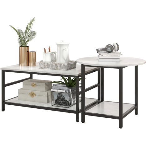 Ensemble table basse, 2 tables d'appoint, aspect marbre, pieds réglables, acier, noir et blanc