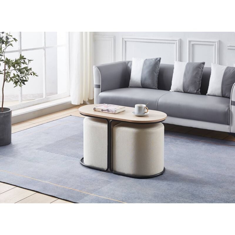 Deco In Paris - judith - Ensemble table basse couleur bois avec 2 poufs en tissu beige judith