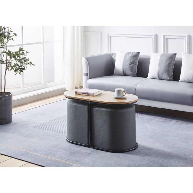 Judith - Ensemble table basse couleur bois avec 2 poufs en tissu gris foncé judith