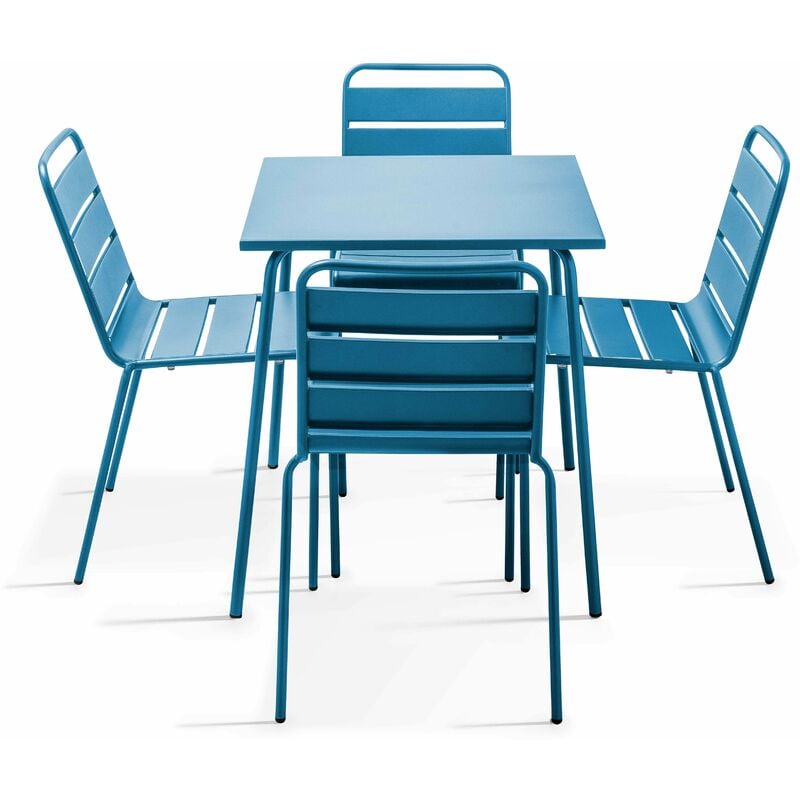 Ensemble table de jardin et 4 chaises en métal bleu pacific - Palavas