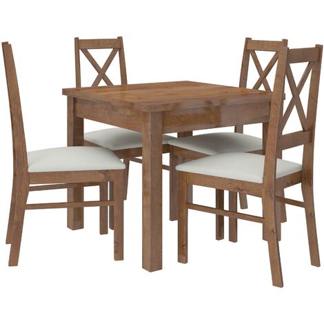 Ensemble table carrée 80-80cm et 4 chaises en bois marron et tissu beige clair Opka