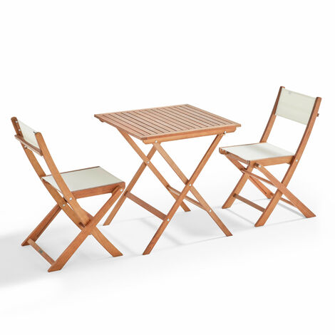 Table de jardin carrée pliante 70 x 70 cm avec 2 chaises pliantes en bois et textilène