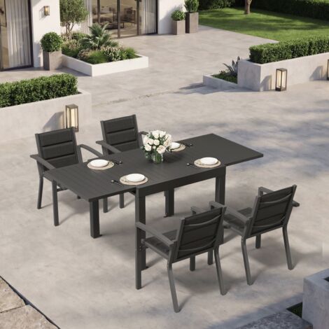 Ensemble Table Chaise Jardin 4 personnes, Table Jardin Chaise en Aluminium, 4 Chaises Jardin Empilables et 1 Table Jardin Extensible (80/160 cm), Imperméable, Antirouille, Tout Temps, Gris