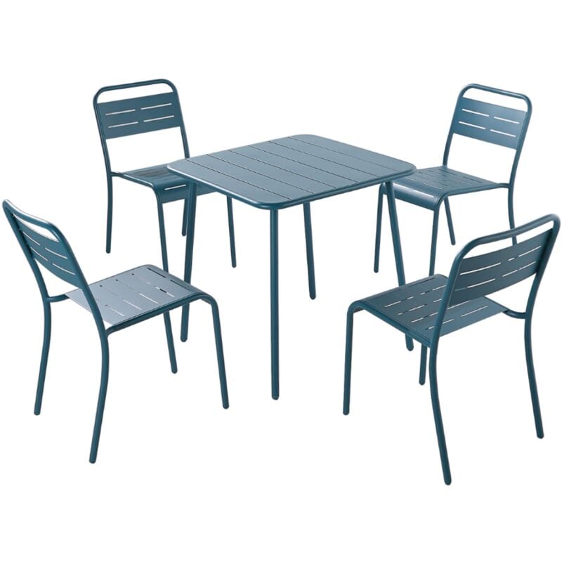Concept-usine - bergame - Ensemble table + chaise en acier bleu 4 places