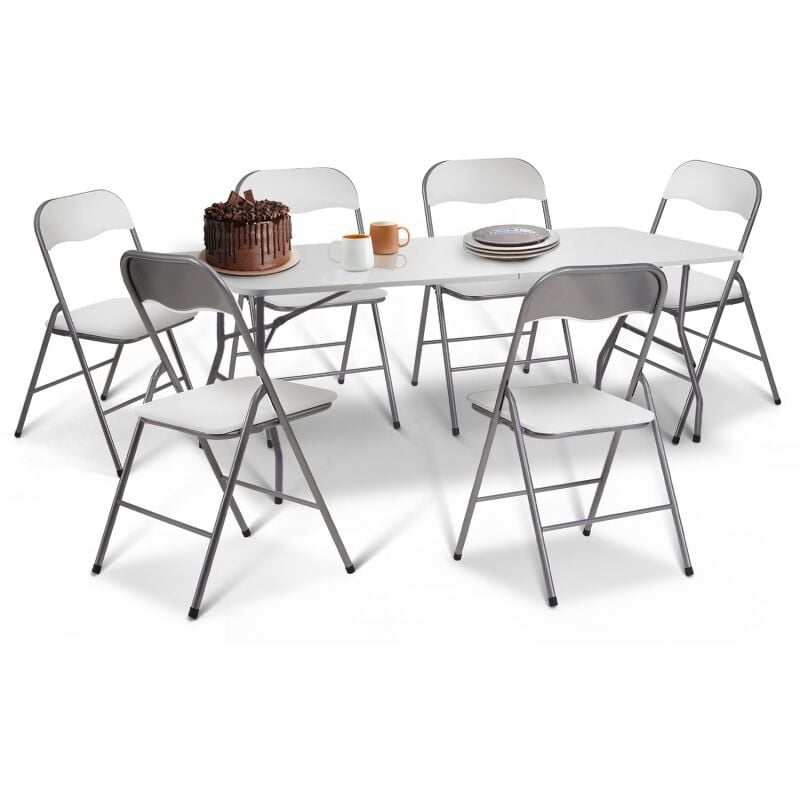 Idmarket - Ensemble pliant table d'appoint 180 cm et 6 chaises kity blanches en pu - Blanc