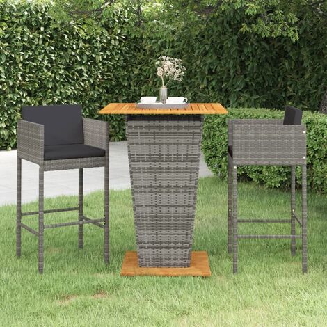 Ensemble Table de bar + 2 Chaises de bar de jardin - Table Haute avec 2 Tabourets et coussins Résine tressée Gris BV478821 - BonneVie