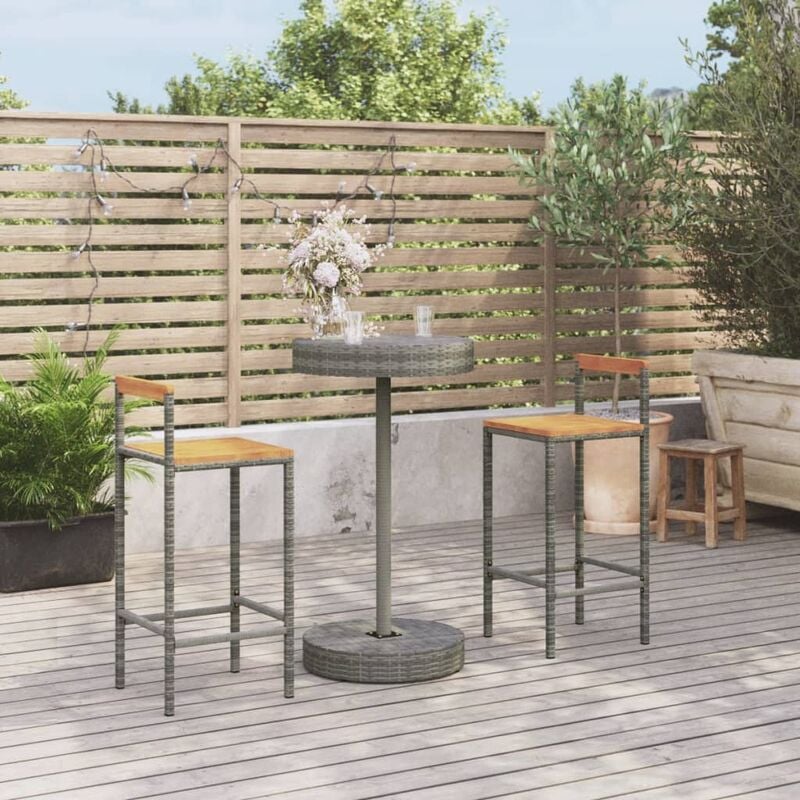 Ensemble Table de bar + 2 Chaises de bar de jardin - Table Haute avec 2 Tabourets gris poly rotin/bois massif acacia BV555245