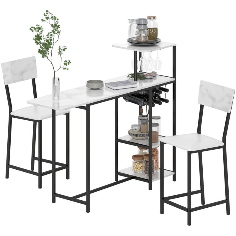 Homcom - Ensemble table de bar 2 tabourets - table à rabat, casiers à vin 6 bouteilles, porte-verres, 3 étagères - acier noir effet marbre blanc
