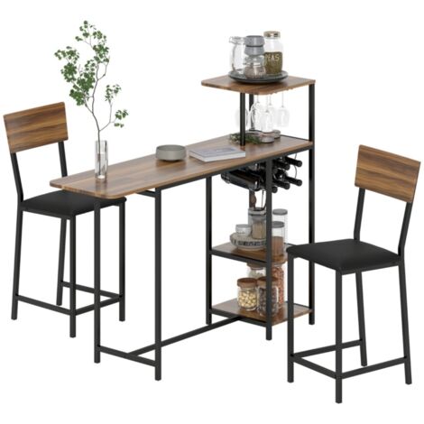 Ensemble table de bar 3 pièces (acier/marron) - Table pliante + 2 tabourets avec rangement vin - Moderne