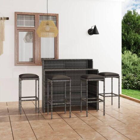 Ensemble Table de bar + 4 Chaises de bar de jardin avec coussins - Table Haute avec 4 Tabourets Gris BV809232 - BonneVie
