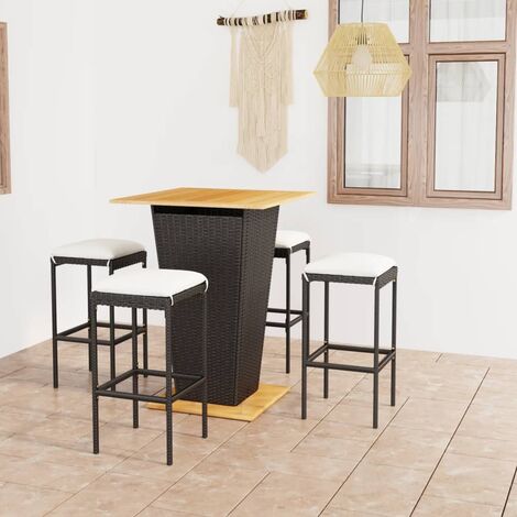 Ensemble Table de bar + 4 Chaises de bar de jardin - Table Haute avec 4 Tabourets et coussins Résine tressée Noir BV828229 - BonneVie