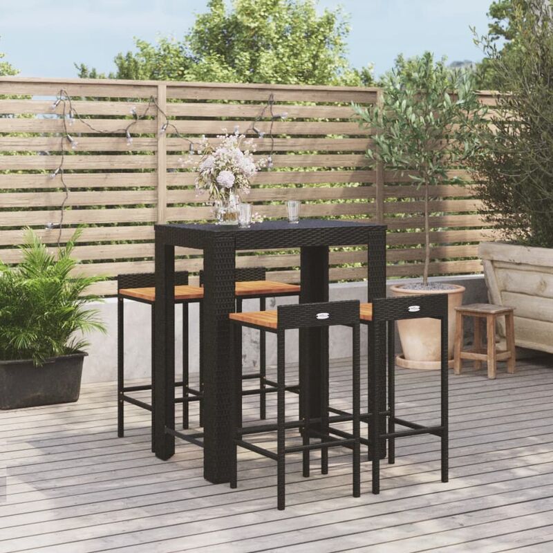 Ensemble Table de bar + 4 Chaises de bar de jardin - Table Haute avec 4 Tabourets noir poly rotin/bois massif acacia BV631964