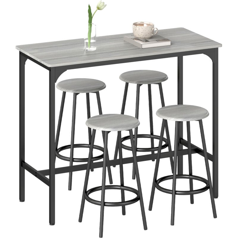 Ensemble table de bar 4 tabourets style industriel métal noir aspect bois gris